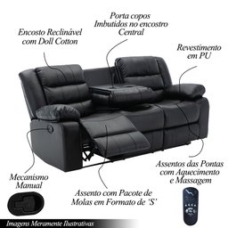 Poltrona Reclinável Manual de Cinema Hollywood 3 Lugares Porta Copos/massagem/aquecimento Pu Preto G - 3