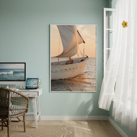 Quadro Decorativo Barco no Oceano-70x50cm:moldura Branca