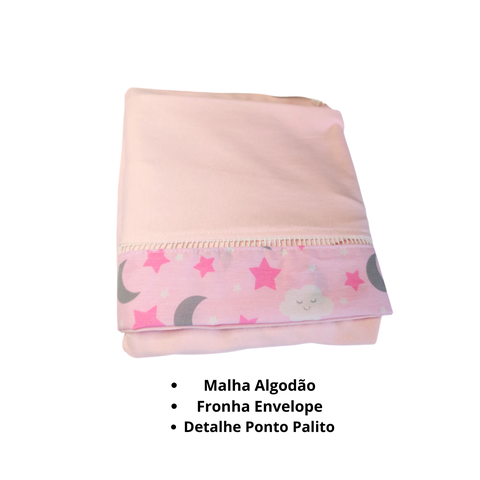 Jogo de Lençol 2 Pçs Simples com Elástico Berço Americano Céu Malha com Ponto Palito e Barrado: Rosa