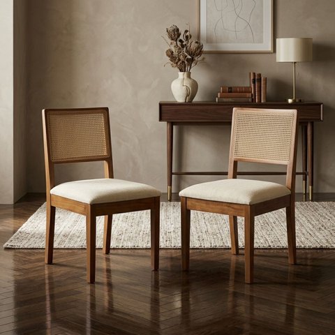 Kit 2 Cadeiras de Jantar Contemporâneas Jabuti em Madeira Maciça, Encosto em Tela - Creme