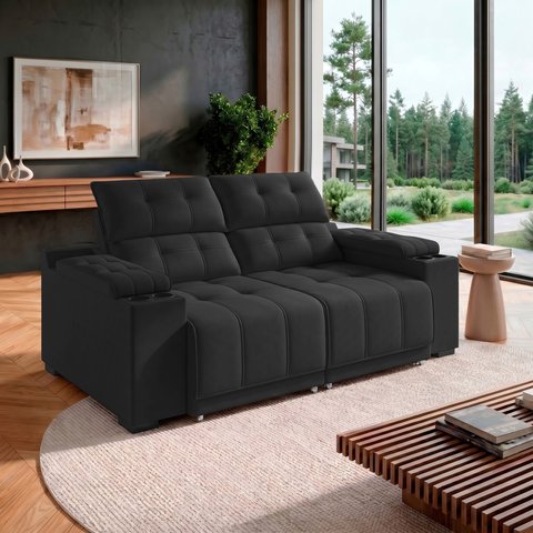 Sofá Retrátil e Reclinável 2 Lugares 180cm com USB e Porta-Copos Verona Veludo Preto