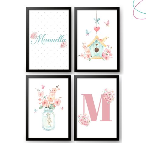 Quadro Decoração Quarto Menina Aquarela Flor com Vidro:preta
