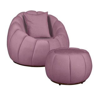 Kit Poltrona Base Giratória C/ Almofada e Puff Concha Veludo Cor Rose