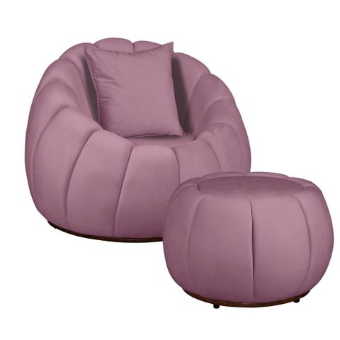 Kit Poltrona Base Giratória C/ Almofada e Puff Concha Veludo Cor Rose