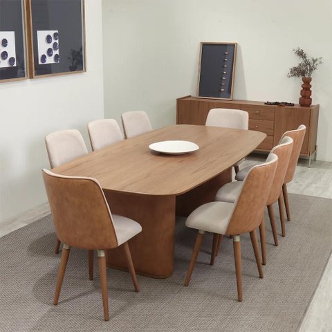 Conjunto de Jantar Mesa Retangular Lintz com 8 Cadeiras Dakota - Canella C/ Caramelo