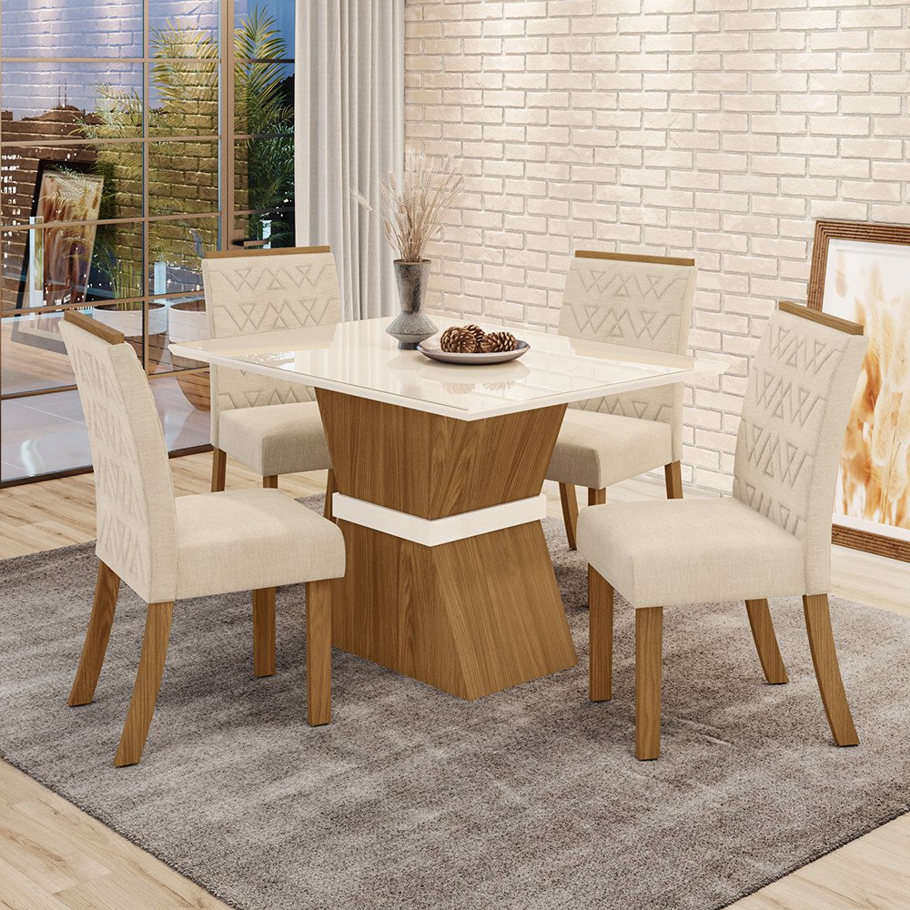 Conjunto Sala de Jantar Tampo MDF com Vidro Canto Reto 120 Cm 04 Cadeiras Suely Casa 812 - 1