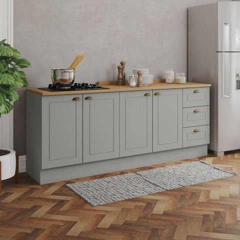 Cozinha Compacta Amy Casa 812 4 Portas 3 Gavetas MDF 200cm Cinza com Natural Casa 812