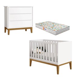 Berço Americano e Cômoda Gaveteiro New Classic Branco com Pés Madeira e Colchão Gazin – Reller - 1