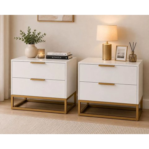 Duas Mesa de Cabeceira Industrial Dourada 2 Gavetas Moderna Fosco Branco