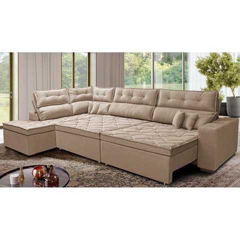 Sofá de Canto Retrátil e Reclinável Esquerdo 3,00x2,36m Molas Cama inBox Espanha Velusoft Bege