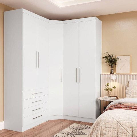 Guarda Roupa de Canto Alpes 5 Portas 4 Gavetas MDP Branco Pf-Branco Pf Luciane Móveis