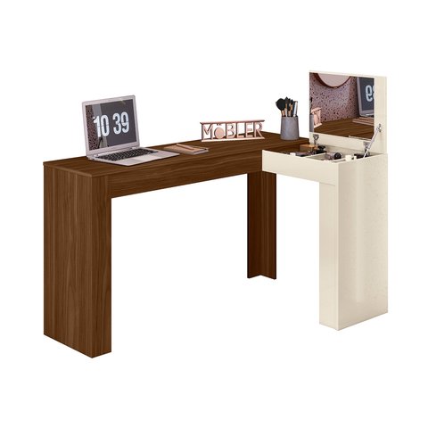 Escrivaninha Jade de Canto com Penteadeira Quarto Elegante Meninas Luxo Decorativa Cor Freijo/off