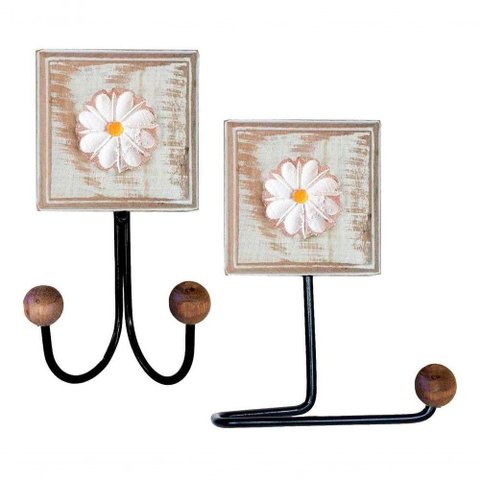 Kit Banheiro 2 Peças 1 Toalheiro Duplo + 1 Porta Papel Higiênico Artesanal Flor Madeira Cor Branco