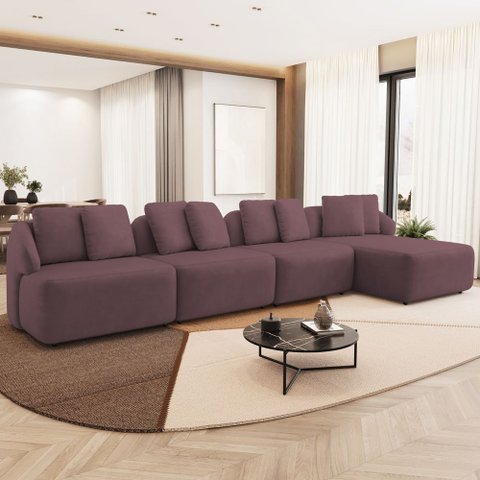 Sofá 5 Lugares com Chaise Direito Sala Living 328cm Arlo F04 Veludo Lilás - Lyam Decor