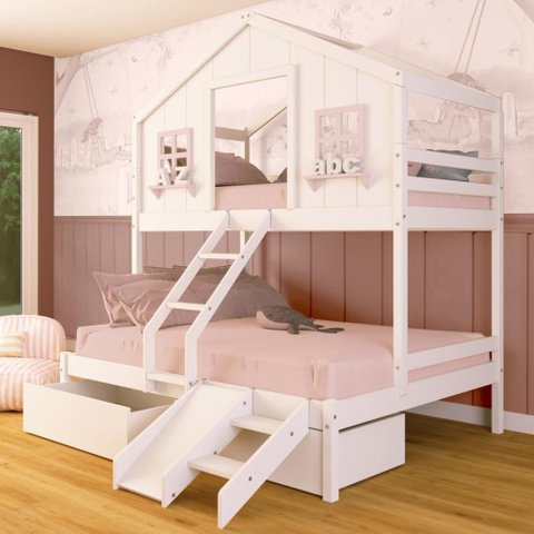 Beliche Casal/ Solteiro Casinha Dos Sonhos com 02 Gavetas Kit Escada/ Escorregador Madeira Maciça