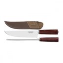 Ver imagem 1 de Jogo para Churrasco Tramontina em Aço Inox e Cabo Vermelho Polywood com Bainha de Couro 2 Peças