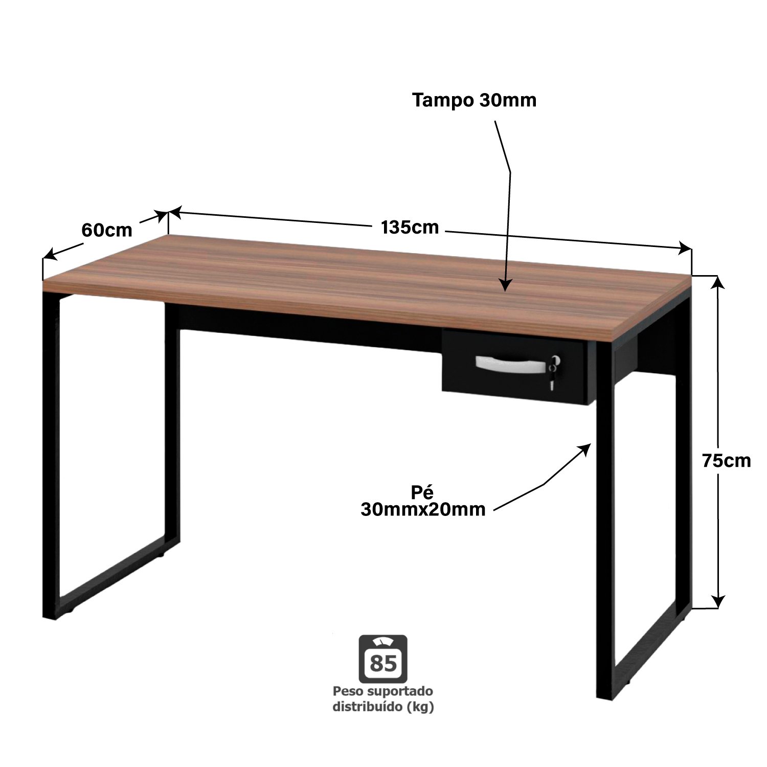 Mesa para Escritório Diretor Estilo Industrial 1,35m C/ Gaveteiro Netmobil - Nogal/preto - 4