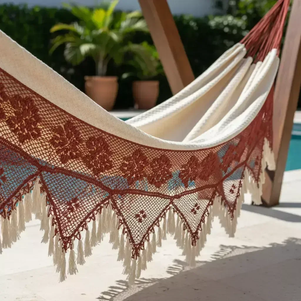 Ver imagem 7 de Rede de Dormir Casal Artesanal, Algodão Natural, Bege Ostra com Macramê Terracota, 4,20m X 1,50m, Es