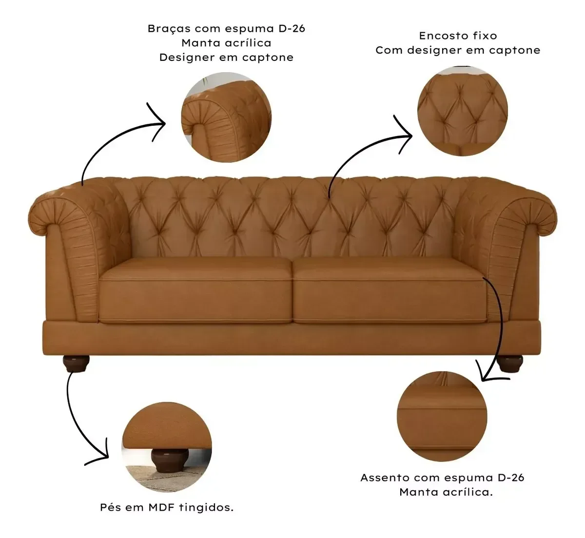 Ver imagem 2 de Sofá Living Helena 2,74 Captonê 3 Lug em Corino Caramelo