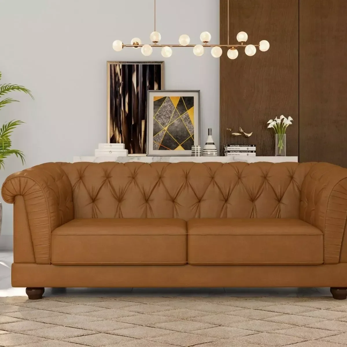 Sofá Living Helena 2,74 Captonê 3 Lug em Corino Caramelo