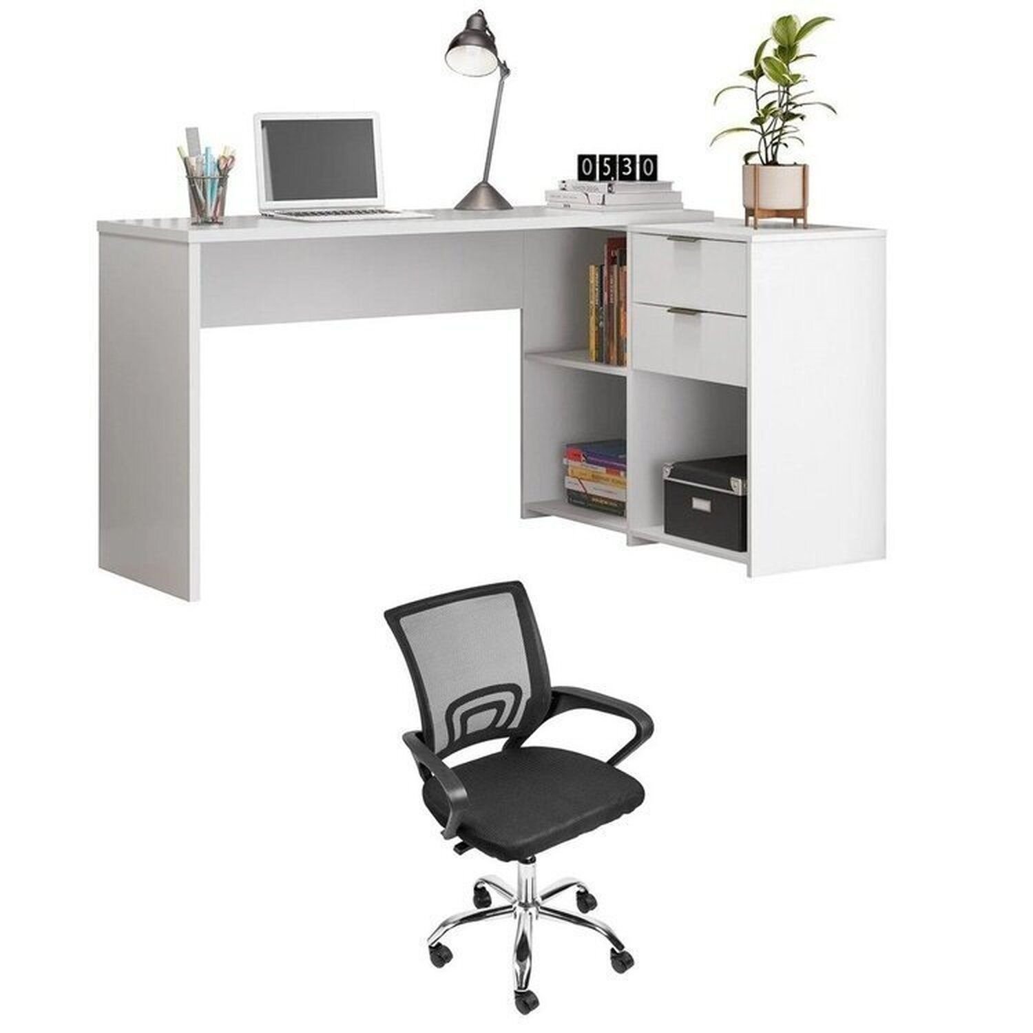 Kit 2 Peças com Mesa Escritório em L NT 2060 e Cadeira de Escritório Diretor Tok