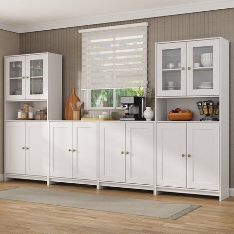 Conjunto Modulado 2 Armários para Cozinha Porta de Vidro 2 Balcões Multiuso Americano Branco/Gelo