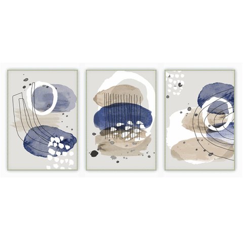 kit com 3 Quadros Decorativos Abstratos com Moldura e Vidro para Sala Quarto Escritório e Clínica 52