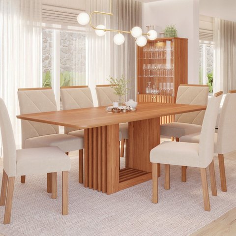 Sala de Jantar Ariela 210cm sem Vidro com 8 Cadeiras Fernanda Marrom/Cinamomo/Madeira/Nude
