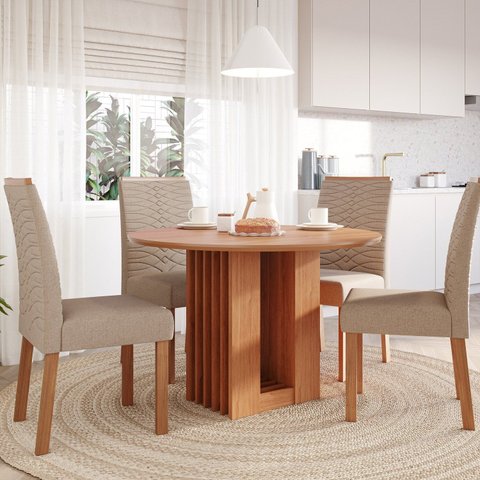 Sala de Jantar Ariela 109cm sem Vidro com 4 Cadeiras Clarice Marrom/Cinamomo/Madeira/Linho Bege