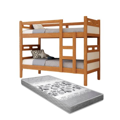 beliche jaspe que vira duas cama com grade fixa mdf com estrado madeira Nature/ Off com colchão D33