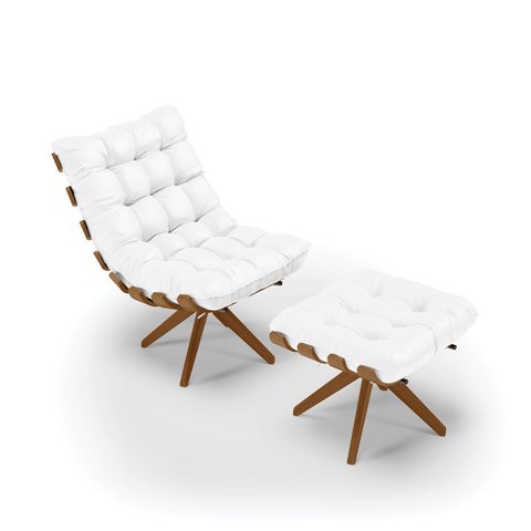 Kit 01 Poltrona e 01 Puff Giratório Costela Corino Branco Base Madeira MA25 - D’Rossi