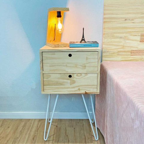 Mesa Lateral de Ferro e Madeira Industrial HairPin Dual Gaveteiro Natural e Branco