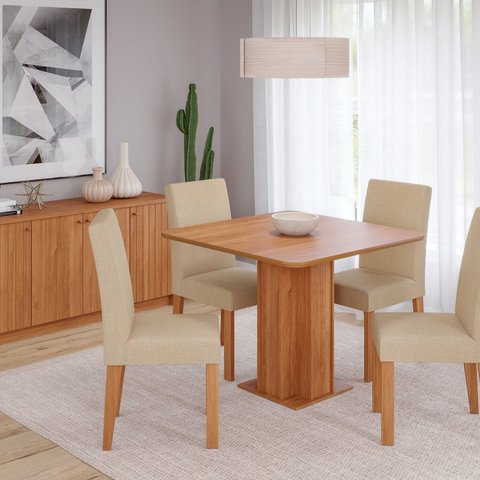 Sala de Jantar Sophia 95x95cm sem Vidro com 04 Cadeiras Maia Marrom/Cinamomo/Gengibre