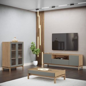 Kit 3 Peças Rack, Cristaleira 2 P de Vidro e Mesa de Centro C/ Gaveta Madeira Maciça - Linha Barcelona