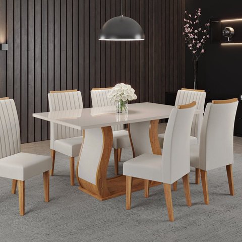 Conjunto Mesa de Jantar Retangular Manuela 160cm x 80cm sem Vidro e 6 Cadeiras Yescasa Bege/Marfim/Off White