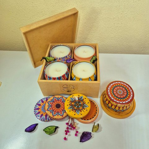 Kit 4 Velas Aromáticas em Latas 90gr com Caixa de Madeira