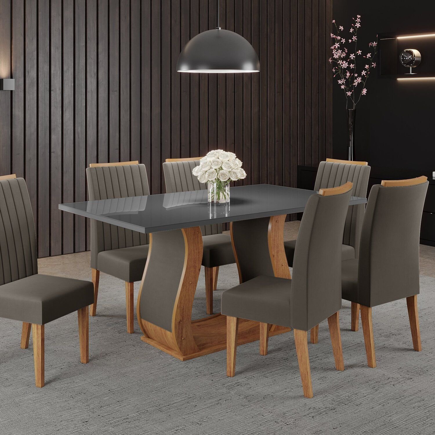 Conjunto Mesa de Jantar Retangular Manuela 160x80cm com Vidro e 6