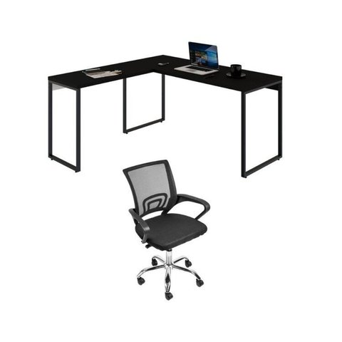 Conjunto 2 Peças com Mesa para Escritorio em L Industrial 150cm Kuadra e Cadeira de Escritório Diretor Tok Onix Preto