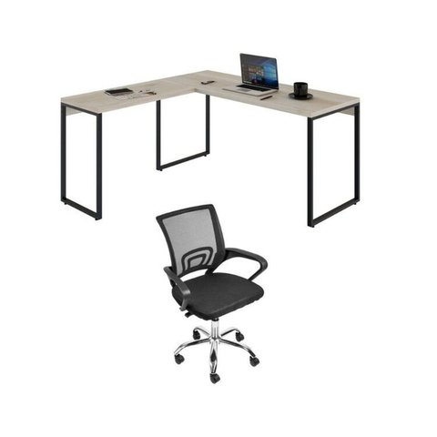 Conjunto 2 Peças com Mesa para Escritorio em L Industrial 150cm Kuadra e Cadeira de Escritório Diretor Tok Snow