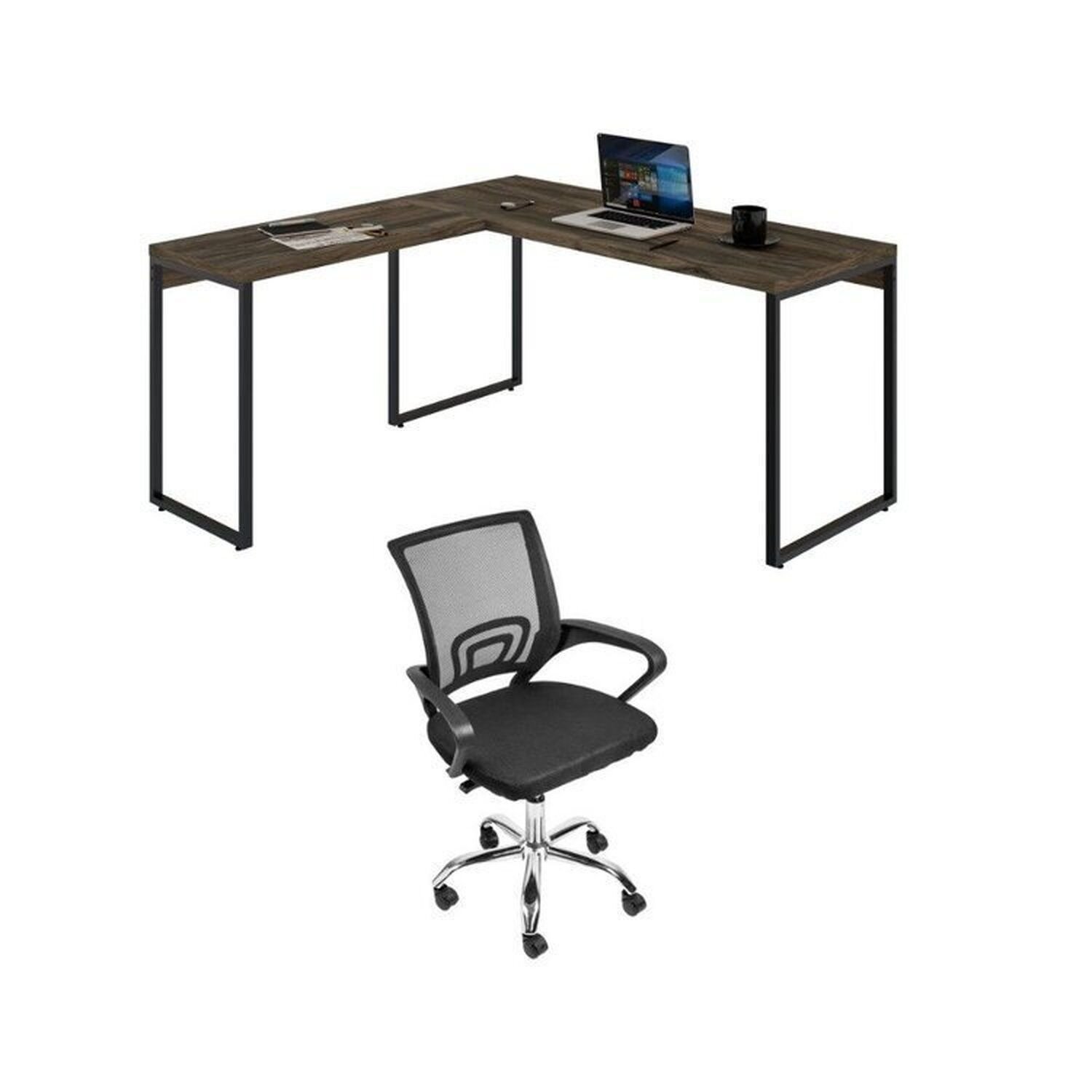 Kit 2 Peças com Mesa para Escritorio em L Industrial 150cm Kuadra e Cadeira de Escritório Diretor Tok