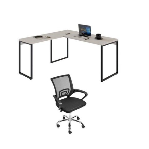 Conjunto 2 Peças com Mesa para Escritorio em L Industrial 150cm Kuadra e Cadeira de Escritório Diretor Tok Branco