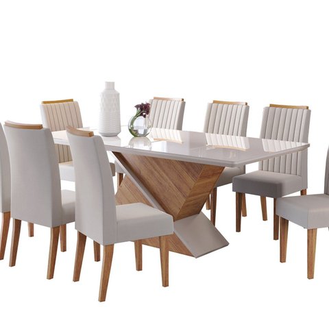 Conjunto Mesa de Jantar Retangular Eleganza 200x90cm com Vidro e 8 Cadeiras