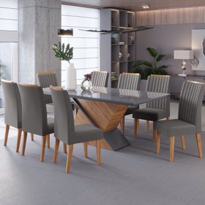 Conjunto Mesa de Jantar Retangular Eleganza 200x90cm com Vidro e 8 Cadeiras