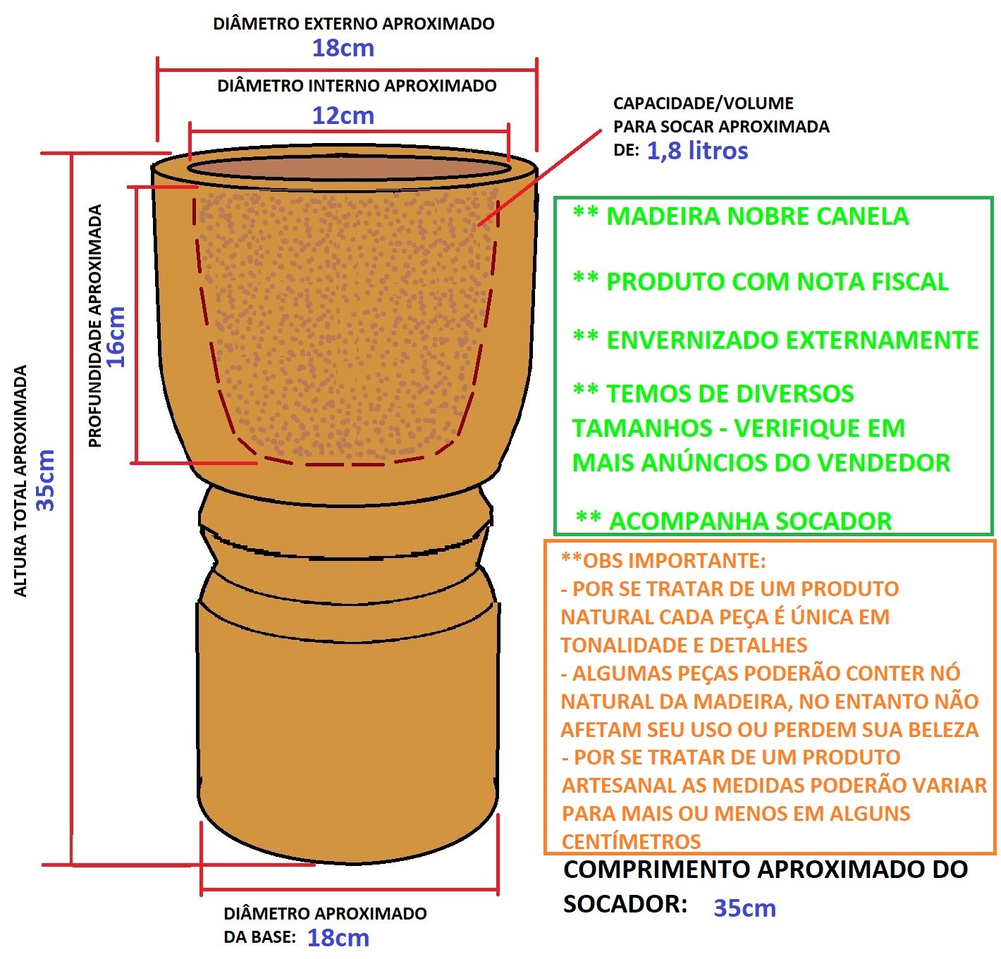 Pilão de Madeira Envernizado 35cm Fino Acabamento + Socador:goma Pequena Claro - 2