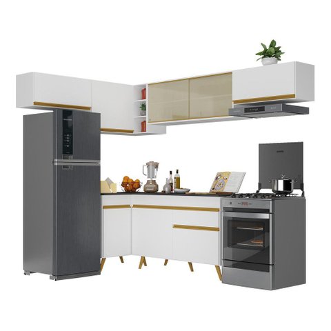 Armário de Cozinha Completa de Canto Veneza Multimóveis V2060 Branco/Dourado