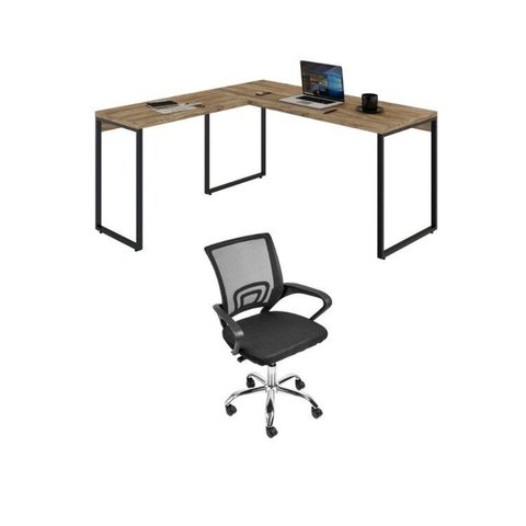 Conjunto 2 Peças com Mesa para Escritorio em L Industrial 150cm Kuadra e Cadeira de Escritório Diretor Tok Carvalho Bege