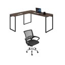 Ver imagem 1 de Conjunto 2 Peças com Mesa para Escritorio em L Industrial 150cm Kuadra e Cadeira de Escritório Diretor Tok Nogal Marrom