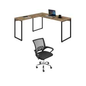 Kit 2 Peças com Mesa Escritório em L Industrial 150cm Kuadra e Cadeira de Escritório Diretor Santiago