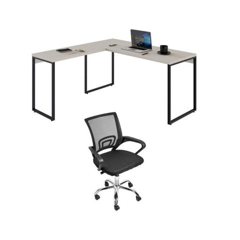 Conjunto 2 Peças com Mesa Escritório em L Industrial 150cm Kuadra e Cadeira de Diretor Santiago Bege Branco