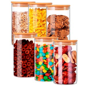 KIT DE 6 POTES HERMÉTICOS VIDRO TAMPA BAMBU 600ML U UNICA UNICA